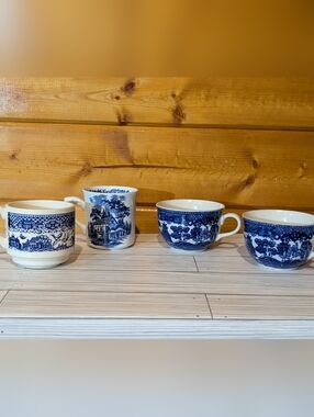 Set Of 4 Vintage Blue and White Porcelain Tea Cups Classic Transferware Designs